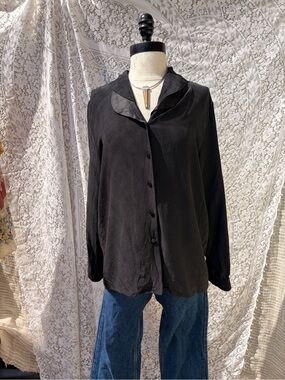 Vintage 80s Black Silk Button Down Blouse Satin Trim Collar Medium
